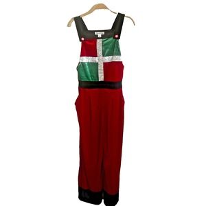 Holly & Cupid Cute Christmas Holiday Jumpsuit Sz Medium Velvet Red Green Festive